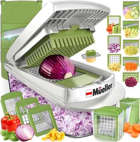 Mueller Pro-Series 10-in-1, 8 Blade Vegetable Chopper, Onion Mincer, Cutter, Dicer, Egg Slicer with Container, French Fry Cutter Potato Slicer, Home Essentials, Salad Chopper White Sand/Green