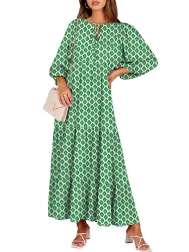 ANRABESS Womens Boho Maxi Dresses 2025 Summer V Neck Puff Sleeve Floral Flowy Swing Casual Long Dress Light Green Large