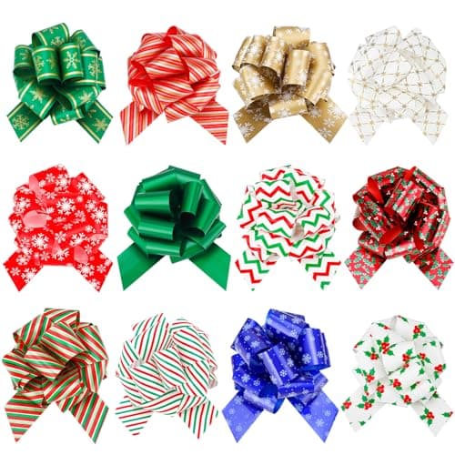 Asacbiiin 12 Pcs Large Christmas Pull Bows for Gift Wrapping - 5 Inch Wide Christmas Ribbon Bows for Presents - Pull Bows for Gift Wrapping Xmas Gift Wrapping Accessory