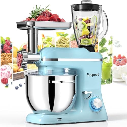 Stand Mixer 9 IN 1, 850W Tilt-Head Multifunctional Electric Mixer with 8 QT Stainless Steel Bowl, 1.5L Glass Jar, Meat Grinder, Hook, Whisk, Beater Dishwasher Safe (Blue)