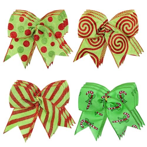 HairChrysm 12 Pcs Red Green Christmas Bows,6 Inch Christmas Tree Decorations,4 Styles Green Bows for Xmas Tree Wreaths Decoration Enhancements