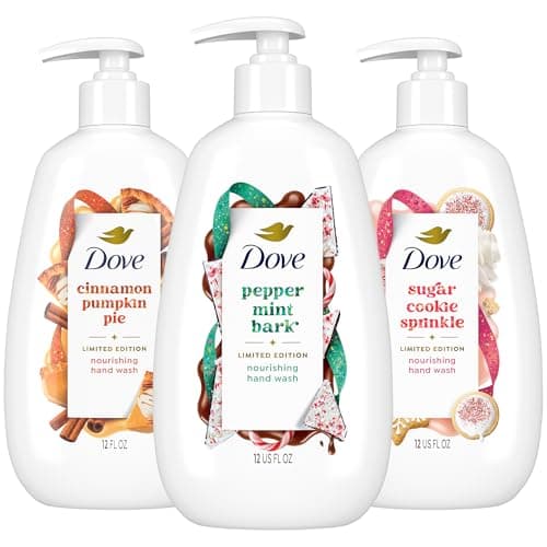 Dove Hand Soap, Holiday Treats Variety 3-Pack – Cinnamon Pumpkin Pie, Peppermint Bark & Sugar Cookie Sprinkle, Gifts for Women, 12 Fl Oz Ea