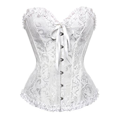 frawirshau Women's Lace Up Boned Overbust Corset Bustier Bodyshaper Top White XL