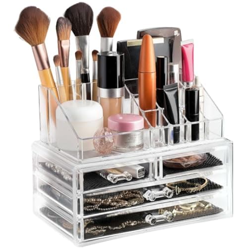 Masirs Clear Makeup Organizer - 16-Compartment Cosmetic and Jewelry Holder with 4 Drawers - Vanity Storage Box for Makeup, Skincare, Accessories, and Jewelry Display