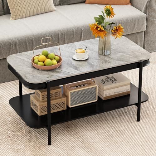 Best Coffee Tables for Living Room #7 from Giantex Giantex 2-Tier Coffee Table with Storage, Faux Mable Center Table w/Sintered Stone Top, Accent Cocktail Table with Heavy-Duty Metal Frame, Modern Gold Living Room Tables, Gray+Black