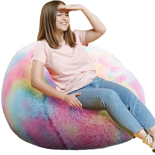 Fluffy Bean Bag Chair, 3FT Round Memory Foam Filled Bean Bag for Teens & Kids, Ultra Soft Faux Fur Fabric Bean Bag Chairs for Playroom, Living Room, Bedroom, Rainbow
