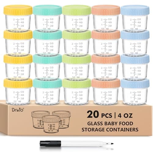 DRKIO 20 Pack Glass Baby Food Storage Containers 4 Oz Baby Food Jars with Lids Baby Food Maker Microwave Dishwasher Freezer Safe 100% Leak-Proof BPA Free