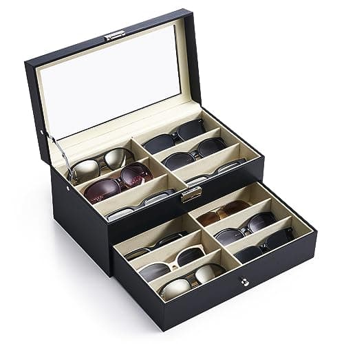 CO-Z Sunglasses Organizer with 12 Slots, Multiple Eyeglasses Eyewear Display Case for Women Men, 2 Story Leather Multi Sunglasses Jewelry Collection Holder with Drawer, Sunglass Glasses Storage Box