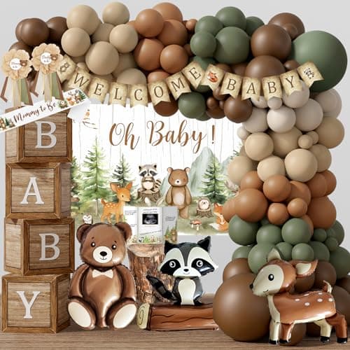 Woodland Animals Baby Shower Decoration Party Supplies, Forest Animal Neutral Gender Reveal Party Decorations, Backdrop Balloon Arch Box Mom to Be Sash Dad to Be Pin Tablecloths Cake Topper