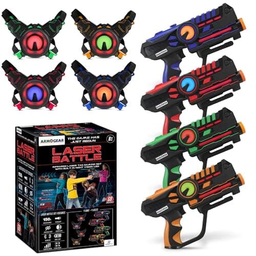 ArmoGear Laser Tag Guns - Set of 4 Rechargeable Kids Toys with Vests - Indoor and Outdoor Multiplayer Laser Tag Set for Kids, Teens, and Adults - Long Range 150 ft - Kids Games for Ages 8 and Up