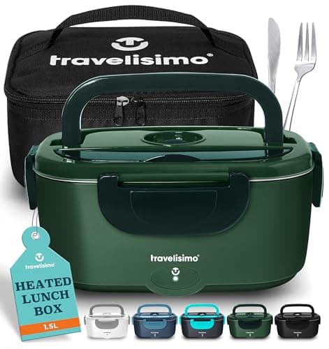 TRAVELISIMO Electric Lunch Box for Adults, 80W Heated Lunch Box 1.5L Stainless Steel Heated Lunchbox For Adults, 12/24/110V Self Heating Lunch Box for Car Truck Work, Loncheras para Hombres de Trabajo