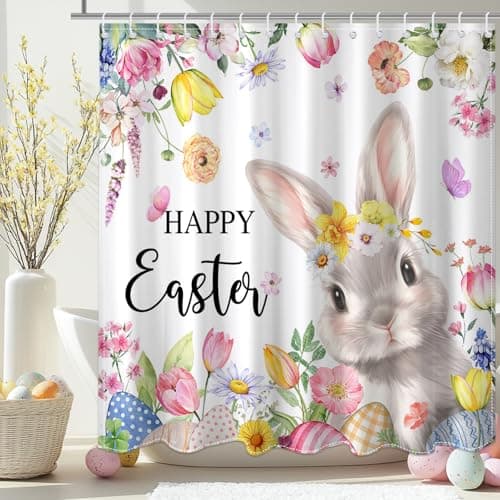 Mocsicka Happy Easter Shower Curtain for Bathroom Cute Rabbit Pink Spring Bunny Floral Shower Curtain for Easter Bathroom Decor, 72 x 72 Inch Waterproof Fabric Bath Curtain