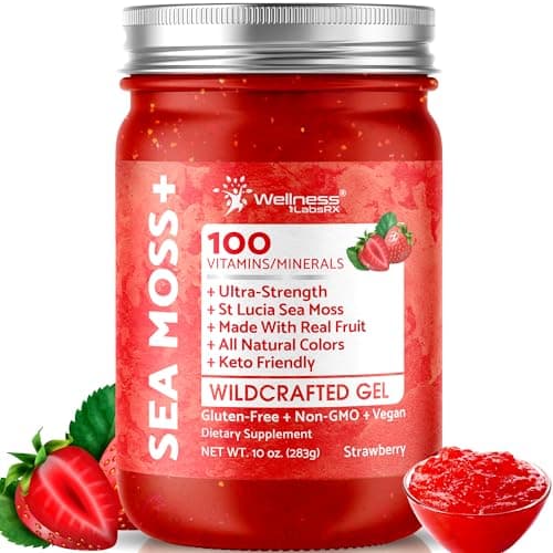 Sea Moss Gel - Wildcrafted Seamoss Gel Superfood - Strawberry Flavor, USA-made Irish Sea Moss Vitamin and Mineral-Rich from Pristine Caribbean Waters, Immune and Digestive Health Support - 10 oz.