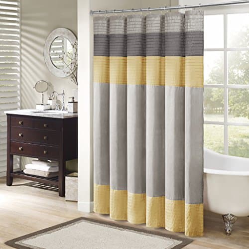 Madison Park Amherst Bathroom Shower Curtain Faux Silk Pieced Striped Modern Microfiber Bath Curtains, 72x72 Inches, Yellow