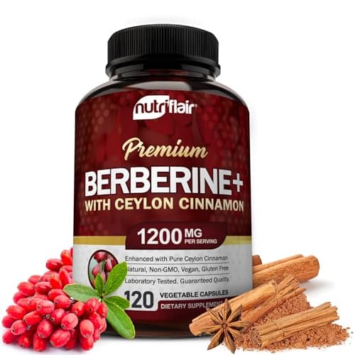 NutriFlair Premium Berberine HCL 1200mg, 120 Capsules - Plus Pure True Ceylon Cinnamon, Berberine HCI Root Supplements Pills - Immune System - yields an Optimal 8% Berberine