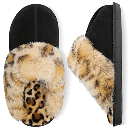 Besroad Womens Furry Slides House Slippers Warm Bedroom Slippers Cozy Memory Foam Plush Slippers Black Leopard8-9