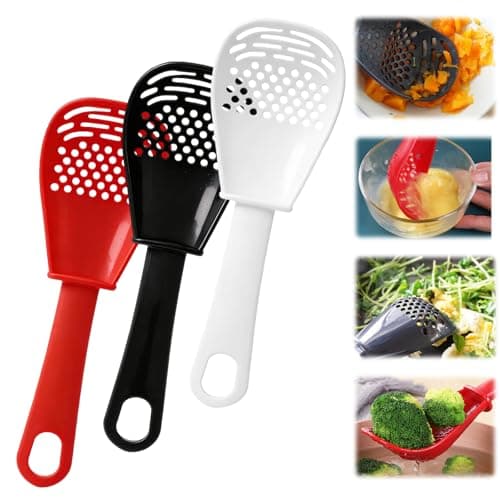 Multifunctional Kitchen Cooking Spoon, Upgraded Heat Resistant Kitchen Utensils Slotted Spoon, Food Grade Cooking Utensils for Cooking, Draining, Mashing, Grating, Separating (Black + Red + White)