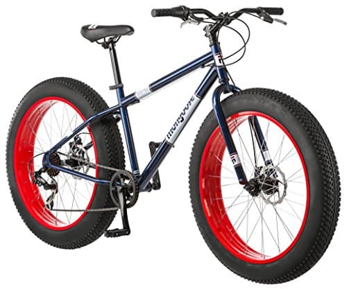 Mongoose Dolomite Fat Tire Mountain Bike, For Men and Women, 26 Inch Wheels, 4 Inch Wide Knobby Tires, 7-Speed, Adult Steel Frame, Front and Rear Brakes, Blue/Red