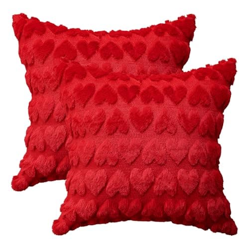 AVOIN colorlife Valentine's Day Love Heart Throw Pillow Cover Set of 2, 18 x 18 Inch Red Soft Plush Faux Fur Jacquard Anniversary Wedding Cushion Case Decoration for Sofa Couch