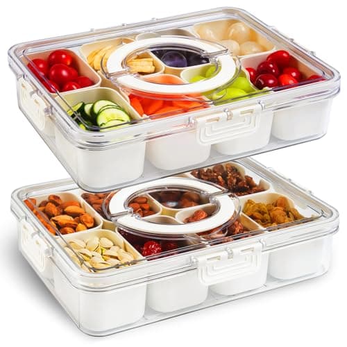 2 Pack Divided Serving Tray with Lid and Handle, 8 Compartments Portable Snackle Box Container for Fruit, Veggies, Salad, Clear Snack Containers for Kids and Adult, Perfect for Travel, Camping, Picnic