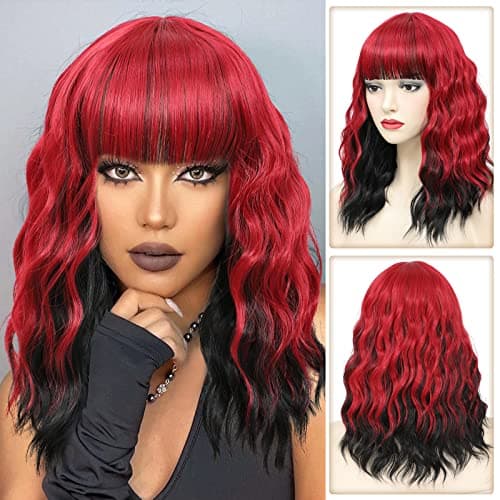 Red Bob Wig with Bangs, Short Wavy Wig with Bangs Red and Black Highlight Bob Wig Natural Wavy Short Wigs for Women Cosplay Halloween Party Use 14 Inches(HL Red)