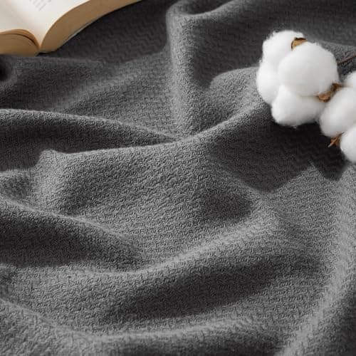 Bedsure GentleSoft 100% Cotton Blanket Queen Size for Bed - Breathable and Lightweight, Soft Cozy Textured Herringbone Woven Blanket for Summer, Dark Grey, 90x90 inches