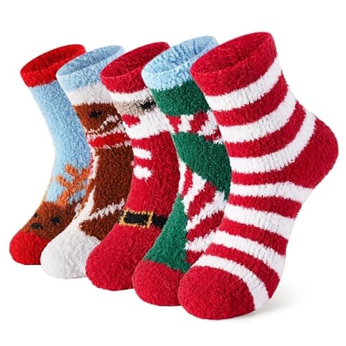 WaySoft Fluffy Fuzzy Socks for Women & Teen Girls - 4 to 5 Pairs Bulk Pack - 2023 Holiday Collection - Cozy Warm Fleece Socks (Christmas 3-5 Pairs)