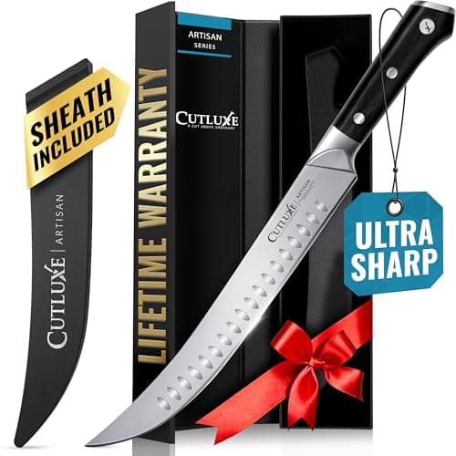 Cutluxe Butcher Knife – 10″ Cimeter Breaking Knife, Razor Sharp Forged High Carbon German Steel, Full Tang Meat Carving Knife, Ergonomic Handle Design, Grilling Gifts for Men – Artisan Series