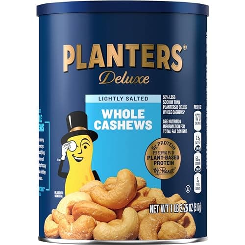 PLANTERS Deluxe Lightly Salted Whole Cashews, Party Snacks, Plant-Based Protein, Quick Snack for Adults, After School Snack, Roasted Cashew, Flavored with Sea Salt, Kosher, 1lb 2.25oz Canister