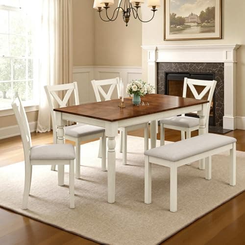 LUXOAK 6-Piece Solid Wood Dining Table Set, Upholstered Chair w/Bench Seat, Seating for 6,60'' Farmhouse Wood Kitchen Chairs Set for Living Room, Dining Room, Kitchen, Cream White