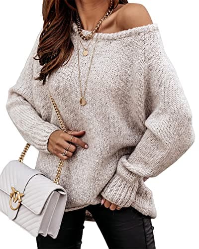 BTFBM Women Casual Long Sleeve Fall Sweaters Crew Neck Soft Ribbed Knitted Oversized Pullover Loose Fit Jumper(Solid Apricot, X-Large)