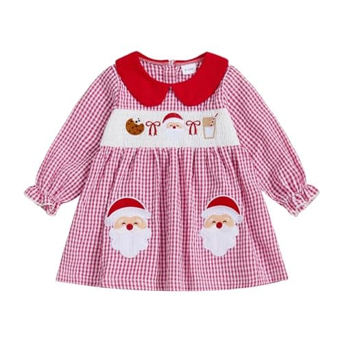 ZIXILOVGIR Toddler Baby Girl Christmas Dress Santa Embroidery Dresses Long Sleeve Doll Collar Kids Smocked Christmas Dress (Pink & Red Plaid, 2-3 Years)