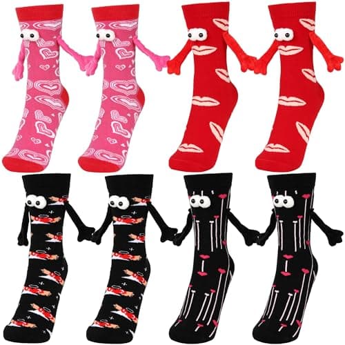 Vermeyen 4 Pairs Magnetic Holding Hands Socks Funny Socks Valentines Day gifts for Him or Her Adult Couple Socks