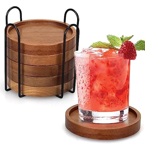 6 Pcs Best Wooden Coasters with Holder Coffee Table Coasters for Drink Acacia Wood Coaster Set Modern Cup Coasters Home Dining Table Decor Cute Beer Bar Coasters Decorative Rustic Outdoor Coasters