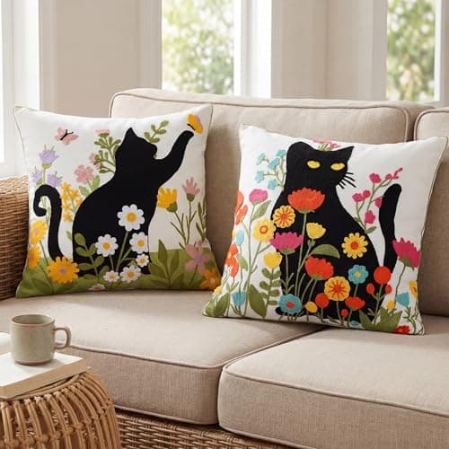 Peryiter 2 Pack Embroidered Throw Pillow Covers 18x18 Floral Decorative Pillow Covers with Zipper Aesthetic Farmhouse Boho Summer Cozy Throw Pillowcases for Living Room Couch Sofa Bed(Cat)