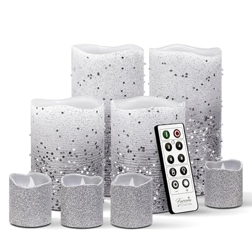 FURORA LIGHTING Silver Glitter LED Candles with Remote and Timer, 4 Pillars and 4 Votives Pack of 8, Real Wax Flameless Flickering Candles for Home Décor, Battery Included