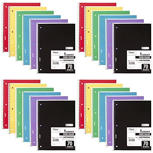 Mead Spiral Notebook, 24 Pack, 1-Subject, Wide Ruled Paper, 7-1/2" x 10-1/2", 70 Sheets per Notebook, Color Will Vary (05510)