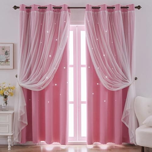 indistar Star Cutout Kids Window Blackout Curtains for Girl Bedroom Window Room Darkening Curtains & Drapes Baby Nursery Curtains (2 Panel,52Wx63L inch,Pink)