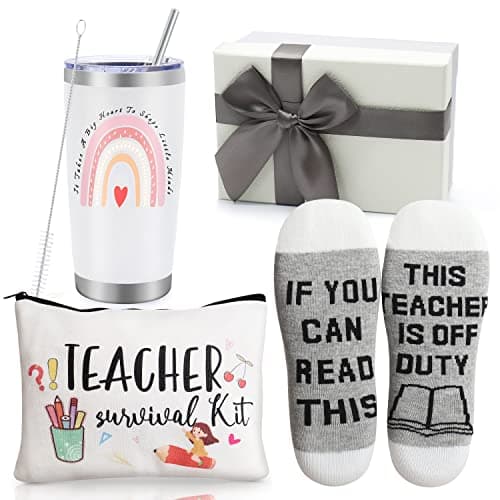 Best Teacher Appreciation Gifts,20 OZ Insulated Tumbler for Women Teacher Gifts,Unique Gifts Ideas from Students - Funny Socks Thank You Basket Box for New Teachers,Christmas Gifts for Teacher