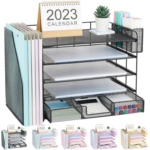 Gugsey Desk Organizer with File Holder, 5-tier Paper Letter Tray File Organizer with Drawer and Pen Holder, Mesh Desktop Office Organization and Storage for School Home Office Supplies(Black)