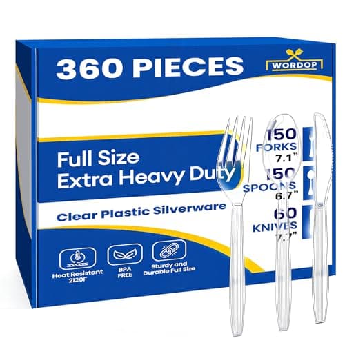 360 Count Extra Heavy Duty Plastic Silverware Set – Heat Resistant & BPA Free Disposable Silverware Cutlery 150 Forks, 150 Spoons, 60 Knives – Clear Premium Plastic Utensils for Parties & Events