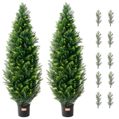 VEVOR Artificial Topiary Cedar Tree, 48 inch Tall (2 Pieces), with Extra Leaves & Pot Faux Evergreen Fake Pine Cypress Trees Plant, UV Rated Artificial Greenery Set for Home Decor Indoor/Outdoor