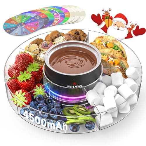 FEPPO Cordless Electric Fondue Pot Set with Mood Light, 2*4500mAh Rechargeable Battery Powered, 7 Game Cards & Detachable Taco Serving Tray, Melted Chocolate Cheese for Outdoor Indoor Parties Camping