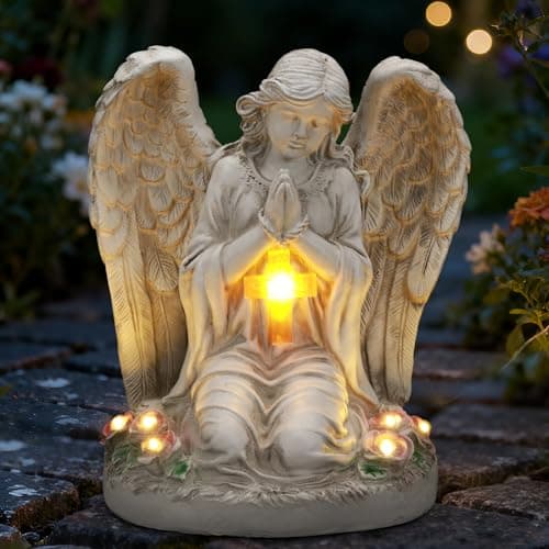 IDEA SHOW Solar Angel Garden Statue Outdoor Decor Cemetery Decorations for Grave Praying Angel Figurines with LED Light for Outdoor Lawn Yard Patio Decor Memorial Gifts for Women, Mom, Grandma