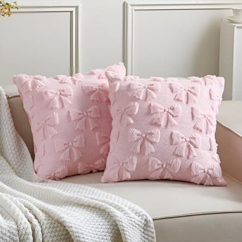 Mixweer Bow Pillow Covers Set of 2 Coquette Room Decor Cute Faux Fur Soft Bowknot Preppy Stuff Fluffy Plush Aesthetic Pillow Covers for Bed Sofa Couch, Fall Christmas Decor (18 x 18 Inch,Pink)