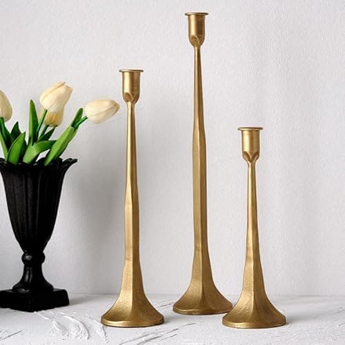 Denique Iron Taper Candle Holder Set of 3, Gold Candlestick Holders Decorative Candle Stand, Tapered Candle Holders Tall Set for Wedding, Dining Table, Home Decoration (Gold)