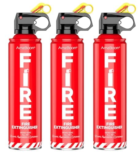 AmzBoom Fire Extinguisher for Home, Car, Kitchen, and Boat 3-Pack with Emergency Survival Kit, Portable Extinguishing Aerosol Spray Compact A, B, C, K – Includes Mounting Brackets for Easy Access.