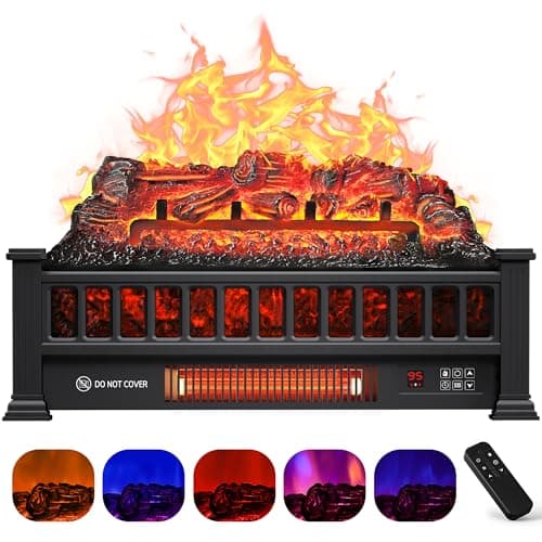 Riseon Electric Fireplace Logs Inserts Heater 20-Inch, Remote Controller Fireplace Heater, Adjustable Flame Colors, Realistic Fake firewood Flame, Overheat Protection, Timer, Thermostat, 1500W Black