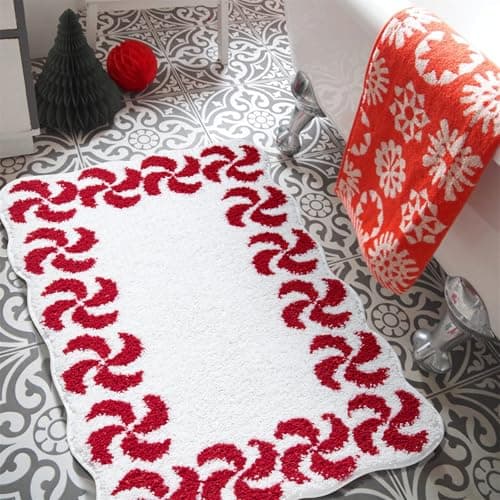 Estmy Cute Christmas Candy Bath Mat Holiday Themed Xmas Festive Bathroom Decorations, Absorbent Shaggy Boho Sweet Colorful Red Scalloped Swirl Christmas Bathroom Rugs Shower Mat Non Slip Washable