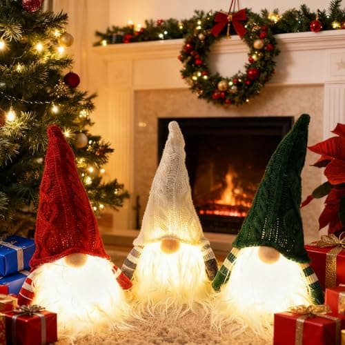 Etistta Christmas Knitted Gnome Plush with Led Lights 11 inch, Swedish Tomte Christmas Tabletop Decorations, Set of 3 (Red, Green, White)